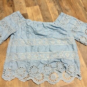 Crown & Ivy Blue Eyelet Lace Off Shoulder Blouse Women’s Medium Boho Top